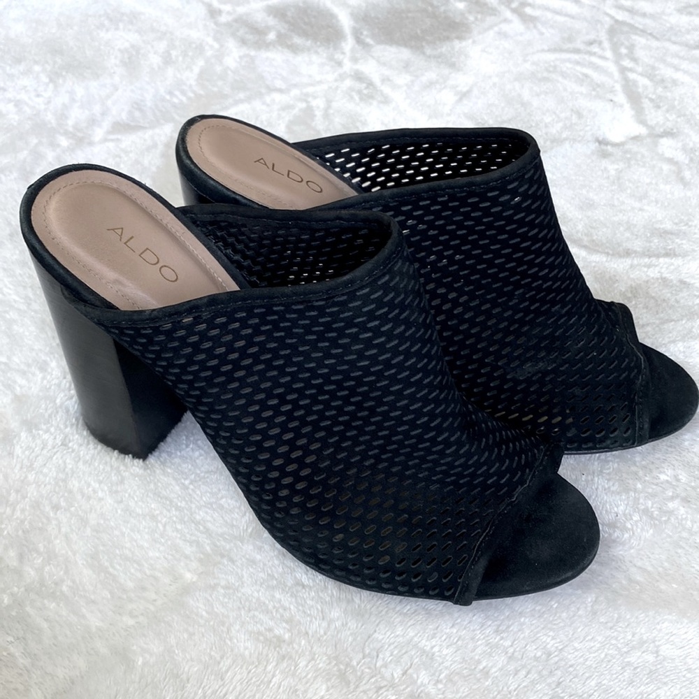 Aldo black block heeled mules